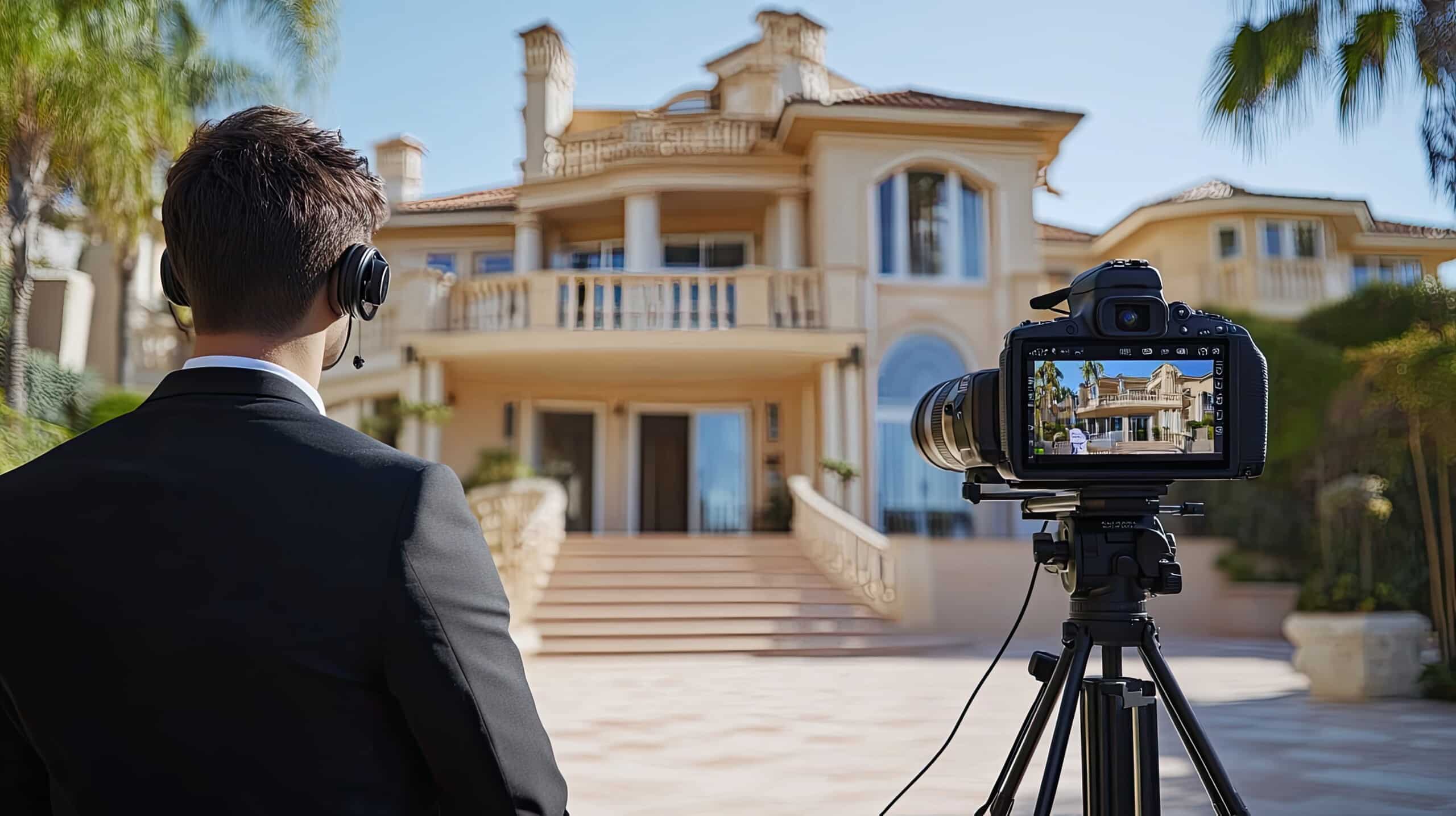 Man filming luxury house exterior for real estate video.