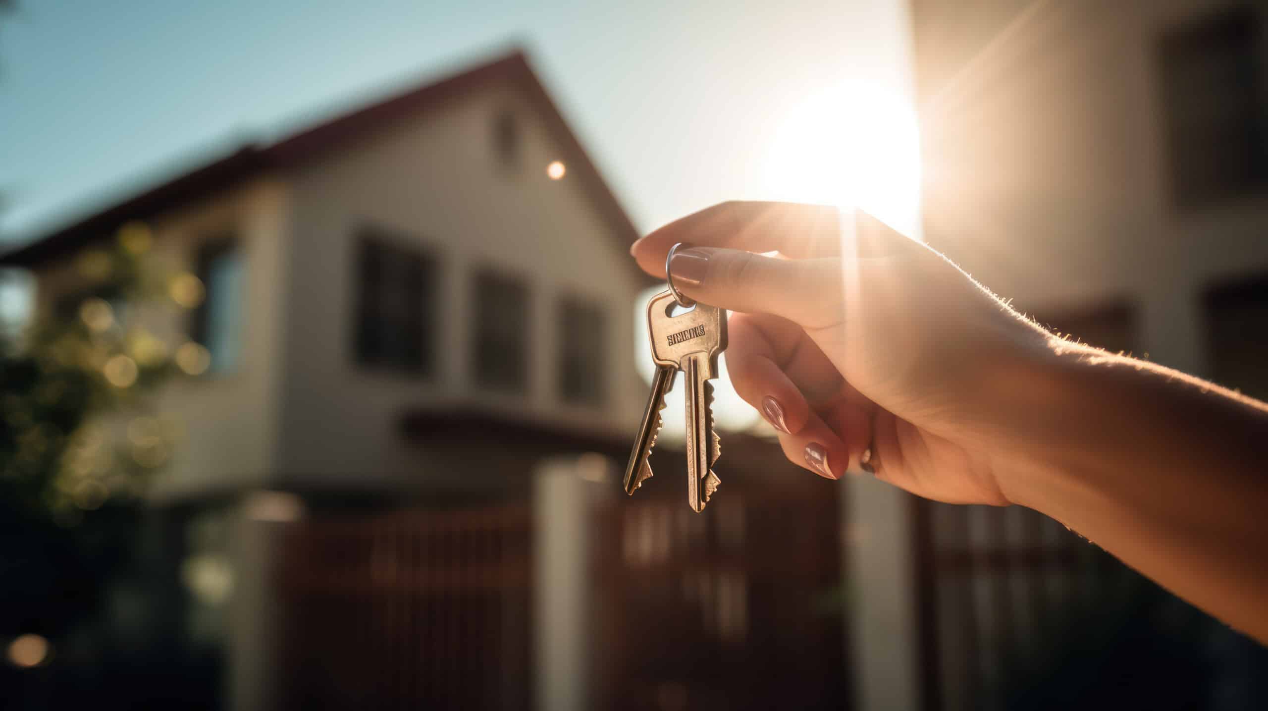 Hand with a key on the background of the house.